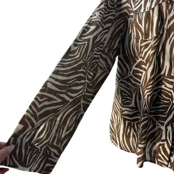 Jones New York Sport Brown & White Zebra Print Button-Up Long Sleeve Shirt - Picture 2 of 13